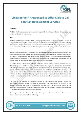 Vindaloo VoIP Announced to Offer Click to Call Solution Development Services