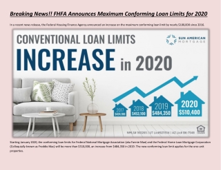Breaking News!! FHFA Announces Maximum Conforming Loan Limits for 2020