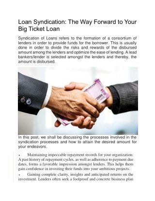 Loan Syndication: The Way Forward to Your Big Ticket Loan