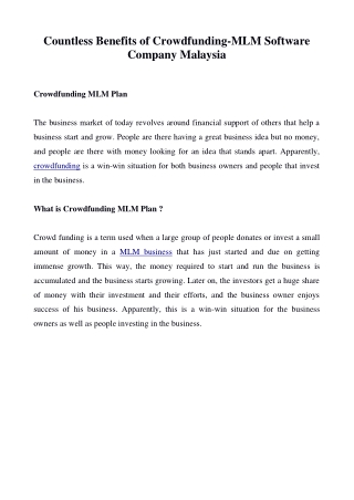 Countless Benefits of Crowdfunding-mlm software company malaysia