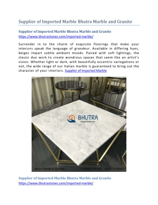 Supplier of Imported Marble Bhutra Marble and Granite