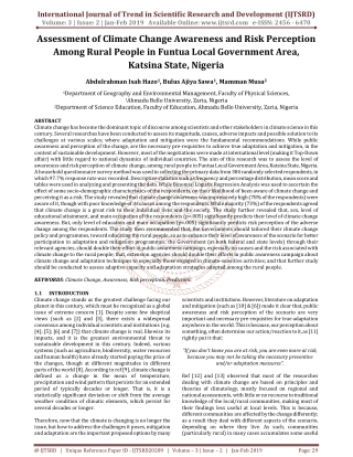 Assessment of Climate Change Awareness and Risk Perception Among Rural People in Funtua Local Government Area, Katsina S