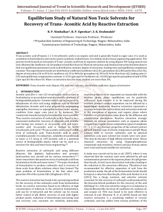 Equilibrium Study of Natural Non Toxic Solvents for Recovery of Trans Aconitic Acid by Reactive Extraction