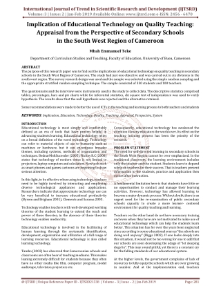 Implication of Educational Technology on Quality Teaching Appraisal from the Perspective of Secondary Schools in the Sou
