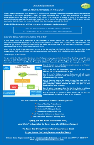 Avail Bid Bond / Tender Bond Guarantee from Us to Win the Tender