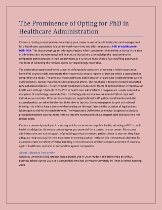 The Prominence of Opting for PhD in Healthcare Administration