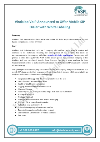 Vindaloo VoIP Announced to Offer Mobile SIP Dialer with White Labeling