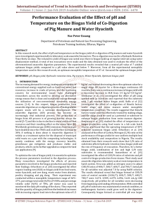 Performance Evaluation of the Effect of pH and Temperature on the Biogas Yield of Co Digestion of Pig Manure and Water H