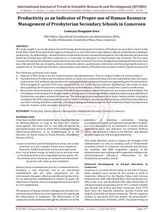 Productivity as an Indicator of Proper use of Human Resource Management of Presbyterian Secondary Schools in Cameroon