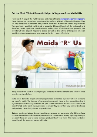 Get the Most Efficient Domestic Helper in Singapore from Maids R Us