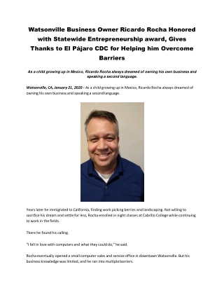 Watsonville Business Owner Ricardo Rocha Honored with Statewide Entrepreneurship award