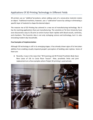 Applications Of 3D Printing Technology In Different Fields