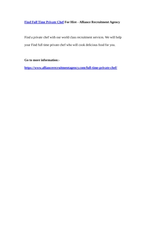 Find Full Time Private Chef For Hire - Alliance Recruitment Agency