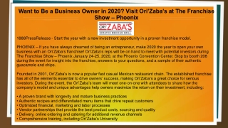 Want to Be a Business Owner in 2020? Visit Ori’Zaba’s at The Franchise Show – Phoenix