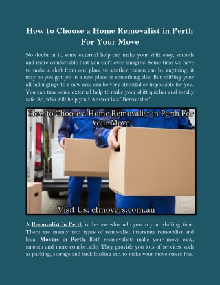 How to Choose a Home Removalist in Perth For Your Move