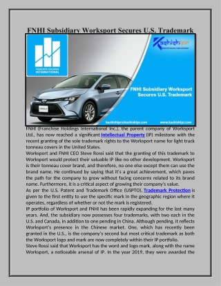 FNHI Subsidiary Worksport Secures U.S. Trademark