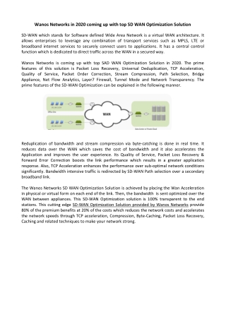 Wanos Networks in 2020 coming up with top SD WAN Optimization Solution