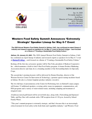 Western Food Safety Summit Announces ‘Extremely Strategic’ Speaker Lineup for May 6-7 Event