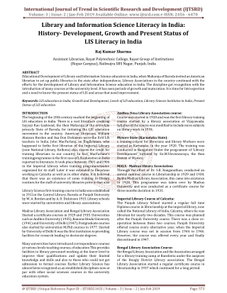 Library and Information Science Literacy in India History Development, Growth and Present Status of LIS Literacy in Indi