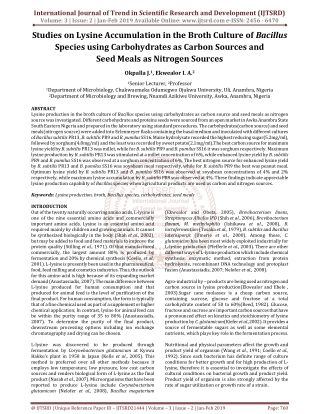 Studies on Lysine Accumulation in the Broth Culture of Bacillus Species using Carbohydrates as Carbon Sources and Seed M