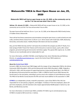 Watsonville YMCA to Host Open House on Jan, 25, 2020