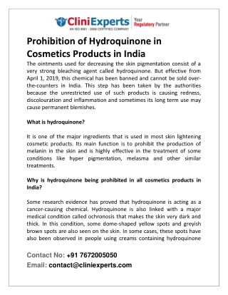Prohibition of Hydroquinone in Cosmetics Products in India