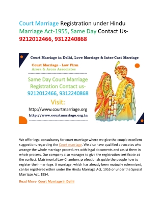 Court Marriage Registration under Hindu Marriage Act-1955, Same Day Contact 9212012466, 9312240868