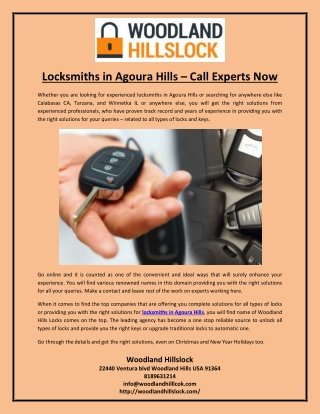 Locksmiths in Agoura Hills – Call Experts Now