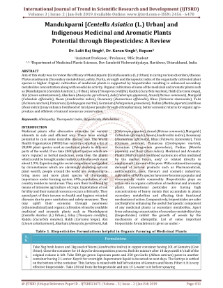 Mandukparni Centella Asiatica L. Urban and Indigenous Medicinal and Aromatic Plants Potential through Biopesticides A Re