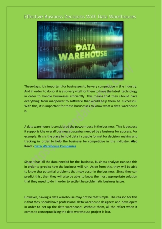 Effective Business Decisions With Data Warehouses