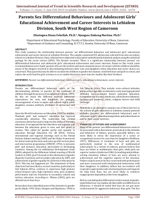 Parents Sex Differentiated Behaviours and Adolescent Girls' Educational Achievement and Career Interests in Lebialem Div