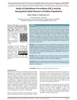 Study of Glutathione Peroxidase GPX Activity Among Betel Quid Chewers of Indian Population