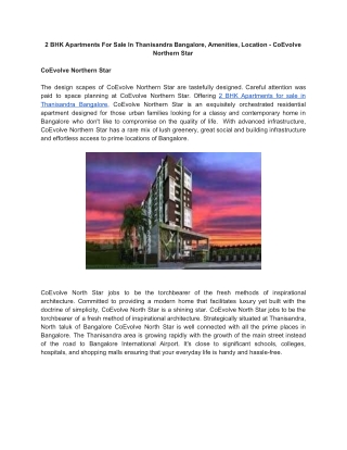 2 BHK Apartments For Sale In Thanisandra Bangalore, Amenities, Location - CoEvolve Northern Star