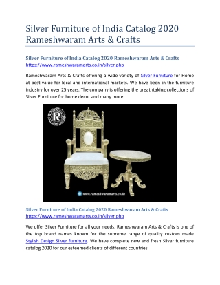 Silver Furniture of India Catalog 2020 Rameshwaram Arts & Crafts