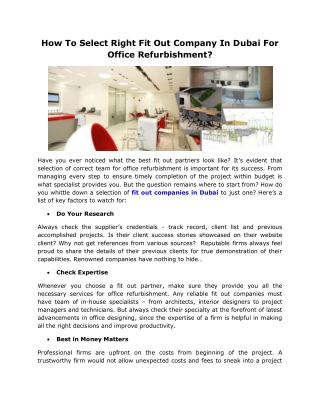 How To Select Right Fit Out Company In Dubai For Office Refurbishment?