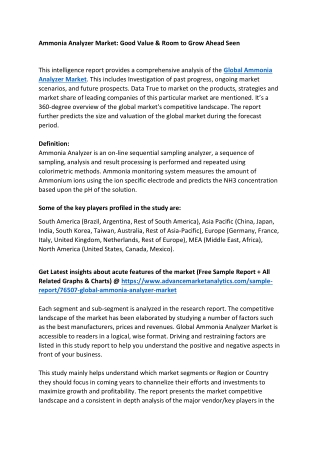 Ammonia Analyzer Market: Good Value & Room to Grow Ahead Seen