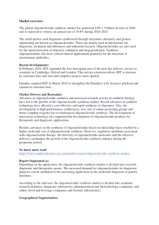 Oligonucleotide Synthesis Market Size and Growth Analysis Report 2020