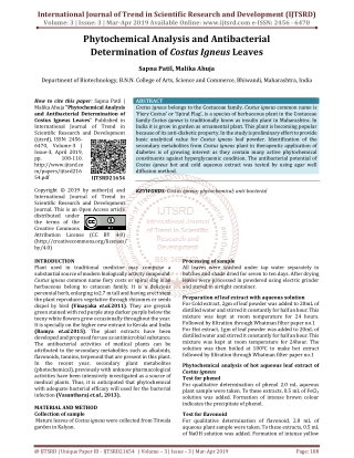 Phytochemical Analysis and Antibacterial Determination of Costus Igneus Leaves