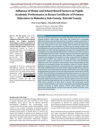 Influence of Home and School Based Factors on Pupils Academic Performance at Kenya Certificate of Primary Education in M