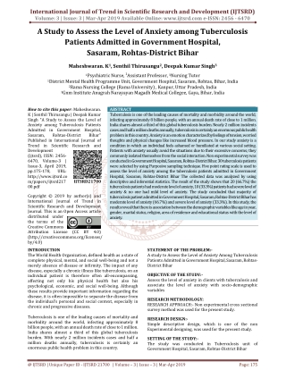 A Study to Assess the Level of Anxiety among Tuberculosis Patients Admitted in Government Hospital, Sasaram, Rohtas Dist