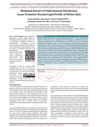 Methanol Extract of Unfermented Theobroma Cacao Promotes Normal Lipid Profile of Wistar Rats