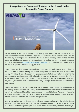 Home Wind Turbine Kits India, Wind Turbine Suppliers - Revayu Energy