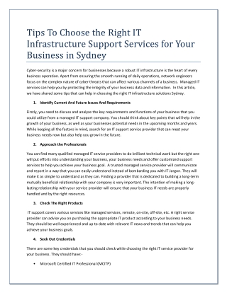 Tips To Choose the Right IT Infrastructure Support Services for Your Business in Sydney