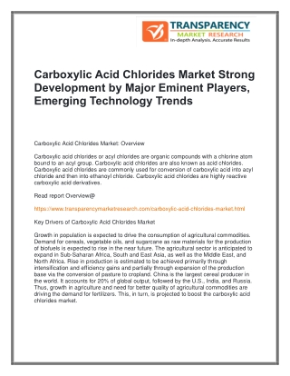 Carboxylic Acid Chlorides Market Strong Development by Major Eminent Players, Emerging Technology Trends