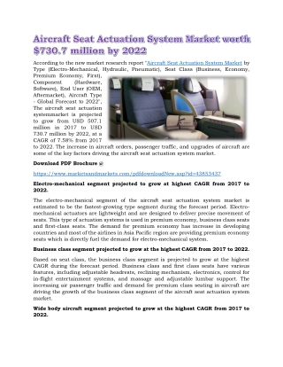 Aircraft Seat Actuation System Market worth $730.7 million by 2022