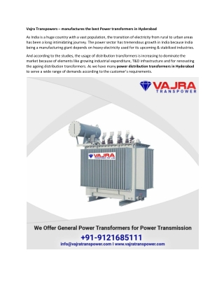 Vajra Transpowers – manufactures the best Power transformers in Hyderabad