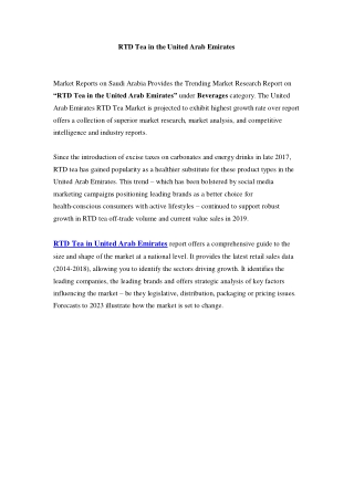 United Arab Emirates RTD Tea Market: Industry Trends, Opportunity and Forecast Till 2023