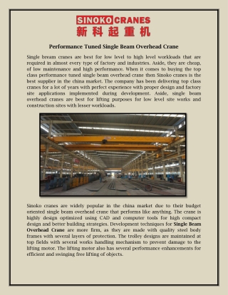 Performance Tuned Single Beam Overhead Crane