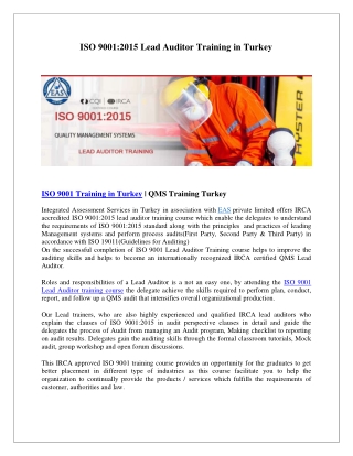 ISO 9001 lead auditor course in Turkey | qms training Turkey