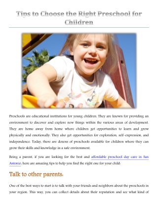 Tips to Choose the Right Preschool for Children